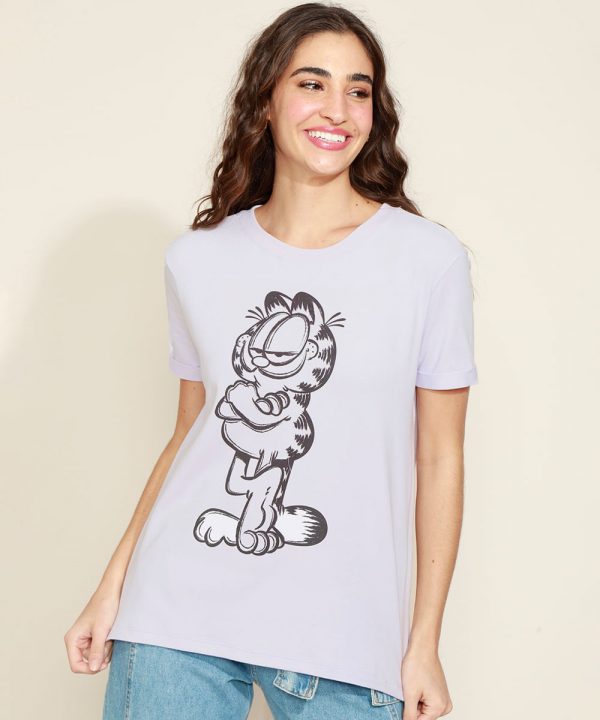 Blusa Feminina Garfield Manga Curta Decote Redondo Lilás