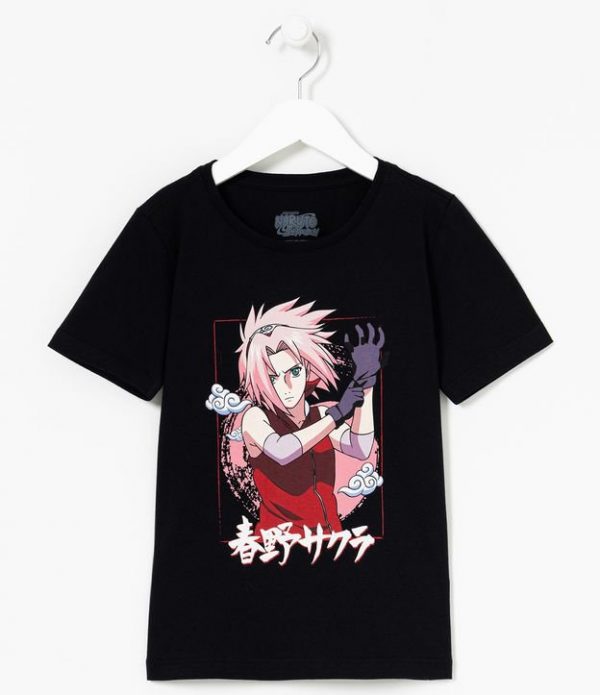 Camisa Infantil Manga Curta Algodão Estampa Sakura Naruto