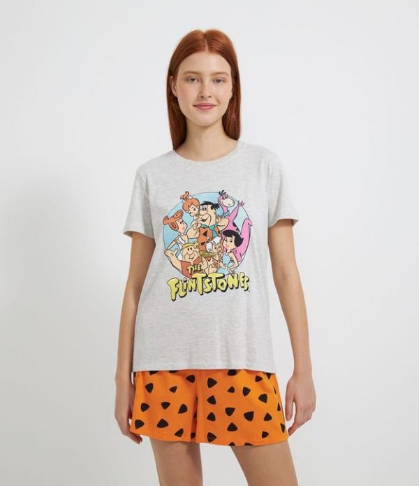 Pijama Manga Curta e Short em Algodão com Estampa Flintstones