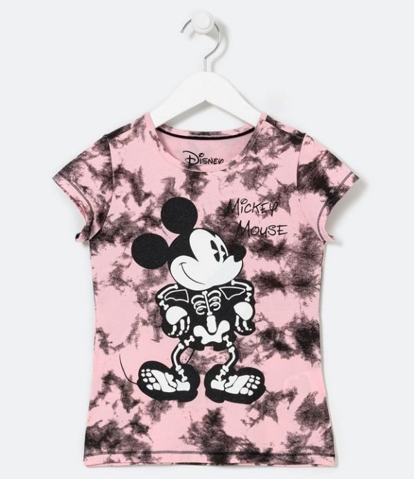 Blusa Infantil Tie Dye Estampa Mickey Esqueleto Brilha no Escuro - Tam 5 a 14 anos