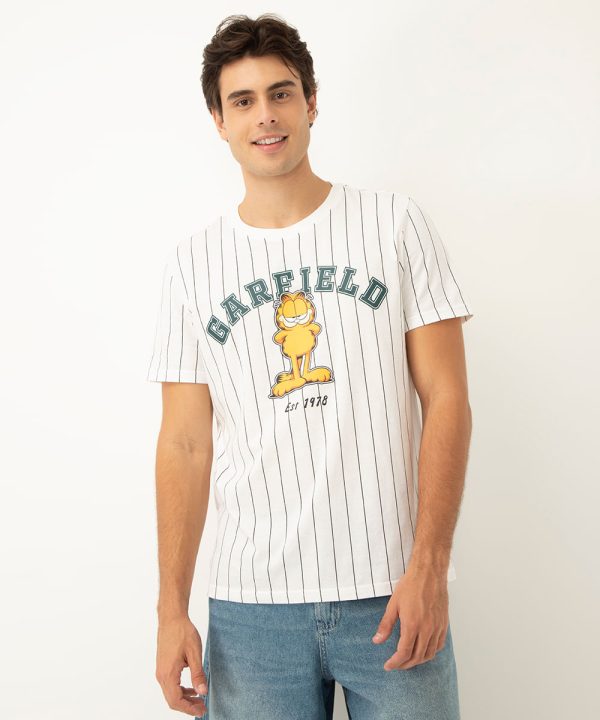 camiseta de algodão garfield listrada manga curta off white