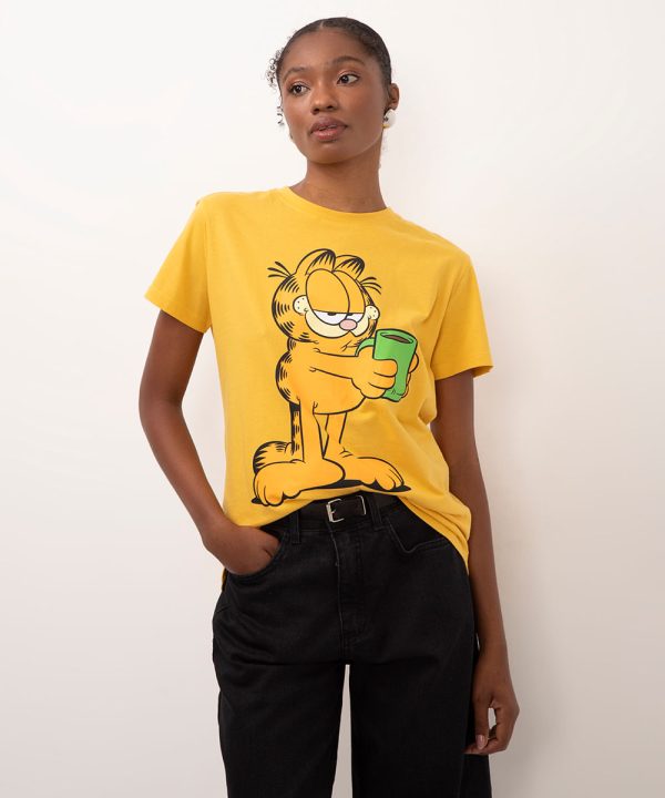 camiseta de algodão manga curta garfield amarelo