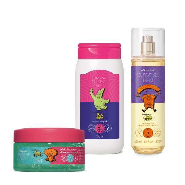 Combo Cuide-se Bem Bob Esponja Siri Cascudo: Geleia Corporal 150g + Sabonete Líquido 250ml + Body Splash 200ml