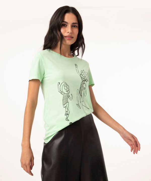 Camiseta de Algodão Rick and Morty Manga Curta Decote Redondo Verde Claro