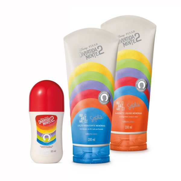 Combo Divertida Mente 2 Memórias: Loção Corporal 200ml + Sabonete Líquido 2 em 1 200ml + Desodorante Roll On 55ml