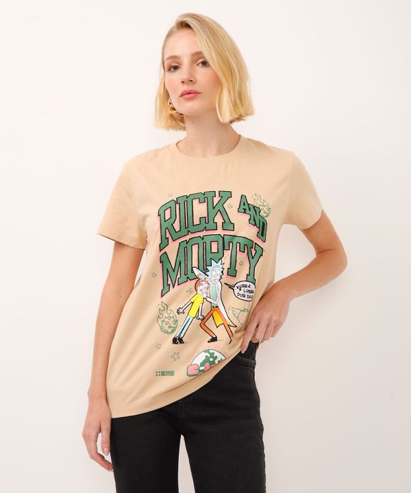 camiseta de algodão manga curta rick and morty bege