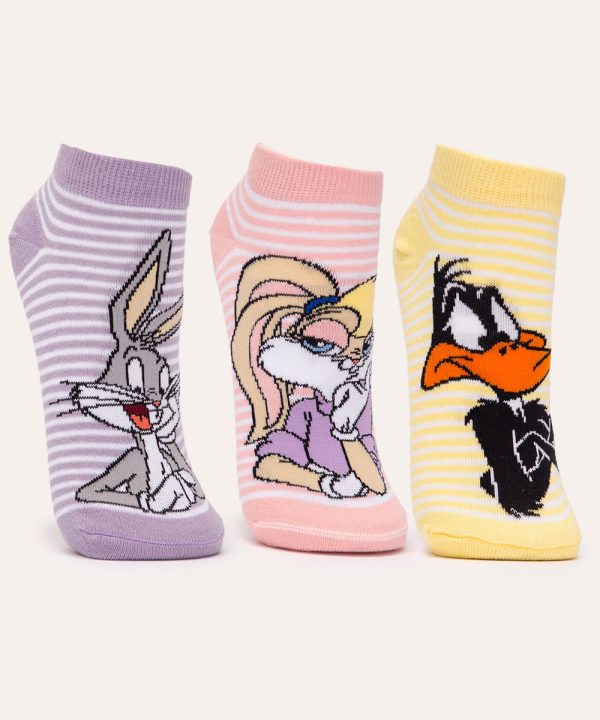 kit de 3 pares de meias cano baixo looney tunes colorido