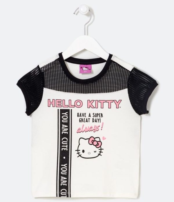 Blusa Infantil com Detalhe de Tela e Estampa da Hello Kitty - Tam 5 a 14 anos