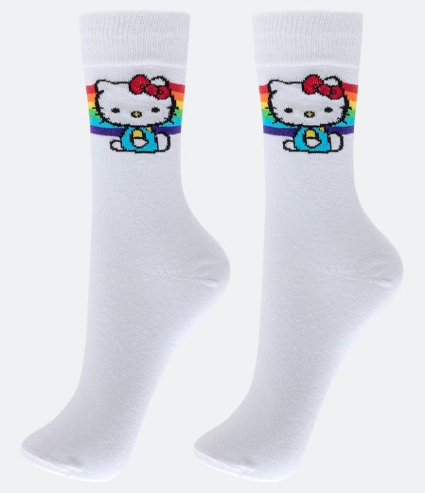 Meia Cano Alto em Algodão com Estampa Arco Iris e Hello Kitty