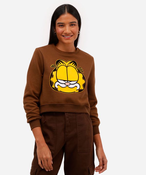 blusão cropped feminino de moletom felpado garfield marrom