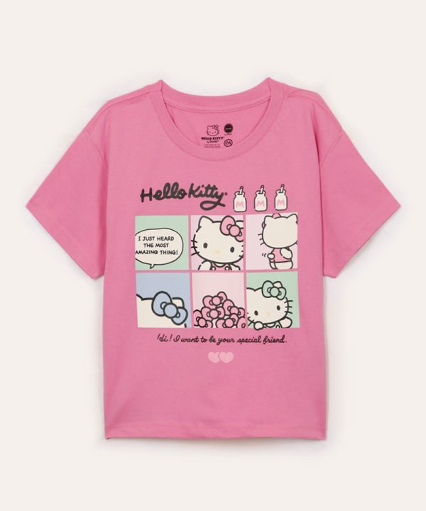 camiseta de algodão juvenil hello kitty rosa