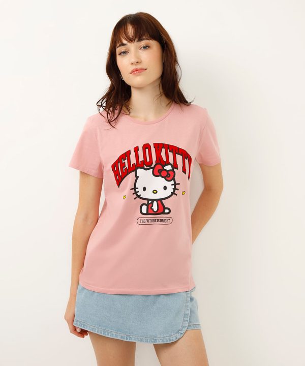 camiseta de algodão manga curta hello kitty rosa