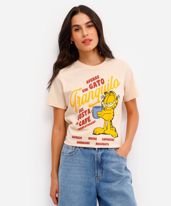camiseta feminina de algodão garfield bege