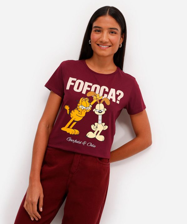 camiseta feminina de algodão garfield vinho
