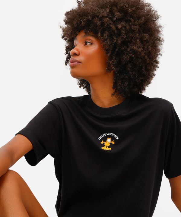 camiseta feminina de algodão peruano i hate mondays garfield preta