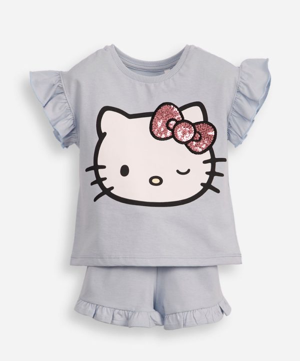conjunto infantil curto hello kitty com babados e paetê azul
