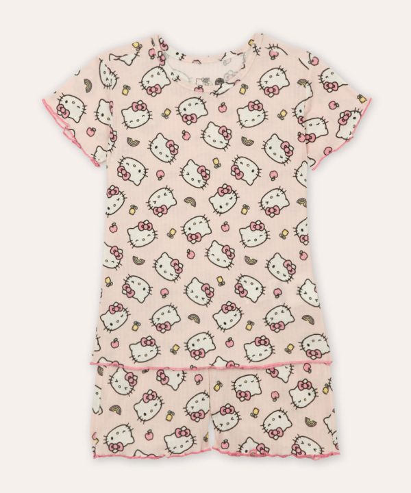 pijama curto infantil canelado hello kitty rosa