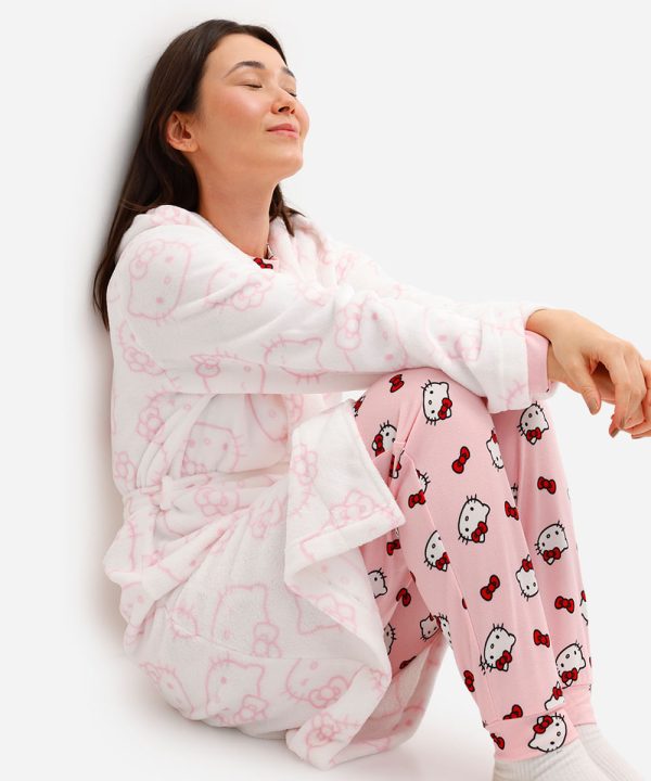 roupão feminino fleece hello kitty com capuz off white