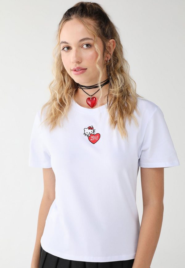 Camiseta My Favorite Things Com Bordado Hello Kitty Branca