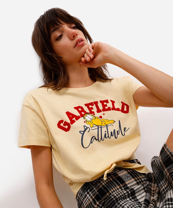 camiseta feminina de algodão garfield com amarração amarela
