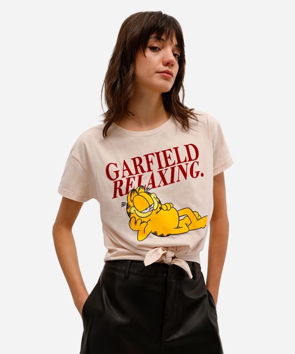 camiseta feminina de algodão garfield com amarração bege